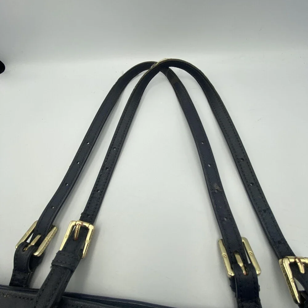 Tory Burch Tote Bag Womens Large Black Leather Shoulder Purse Blue Lining